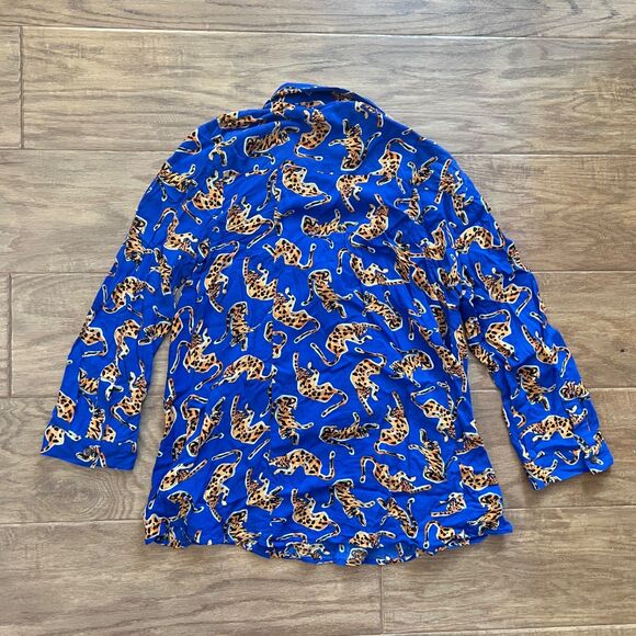 Conversations by Anthropologie Top 2 Blue Leopard Print Tie Front Button Up 17 - Picture 2 of 11